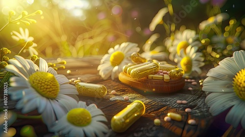 bady pills with chamomile flowers chamomile close-up photo