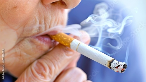 Detailed close up portrait of senior man smoking a cigarette, focused on elderly gentleman