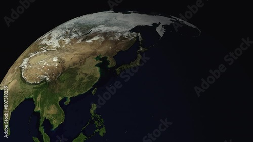 The rapid rotation of Planet Earth reveals its northern hemisphere as seen from space. Vast swathes of land and sea without clouds (clean map representation). North America, Asia, Arabia, Europe.
