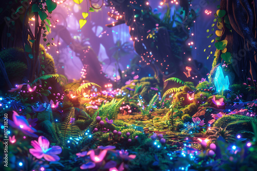 Magical forest comes to life  with glowing plants and whimsical creatures