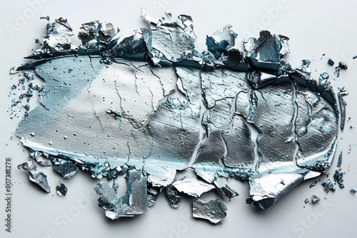 Detailed view of a piece of silver metal showing textures and patterns on a white background