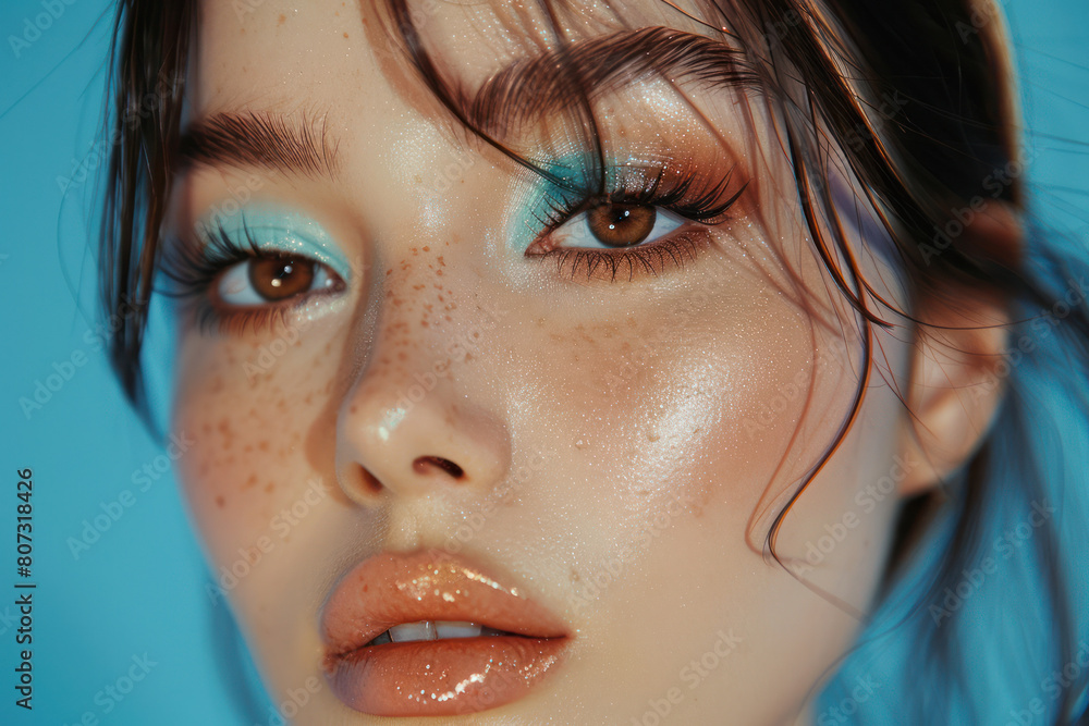 A close-up view of a female with freckles on her face, showcasing natural beauty and unique features A close-up view of a female with freckles on her face, showcasing natural beauty and unique features