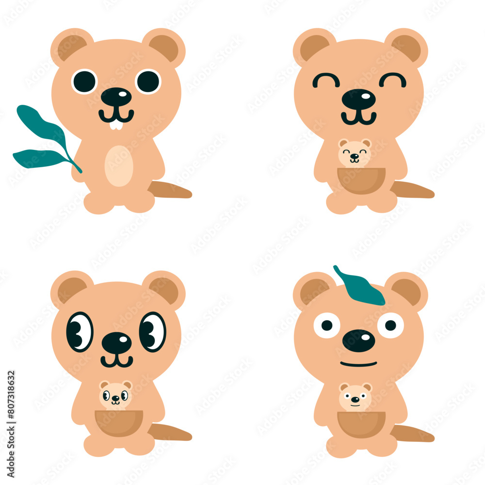 Hand drawn australian quokka with baby clipart collection. Perfect for tee, stickers, poster. Isolated vector illustration for decor and design. Hand drawn australian quokka with baby clipart collection. Perfect for tee, stickers, poster. Isolated vector illustration for decor and design.