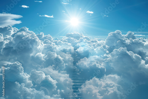 A stairway rises through the clouds, reaching towards the sun in the sky