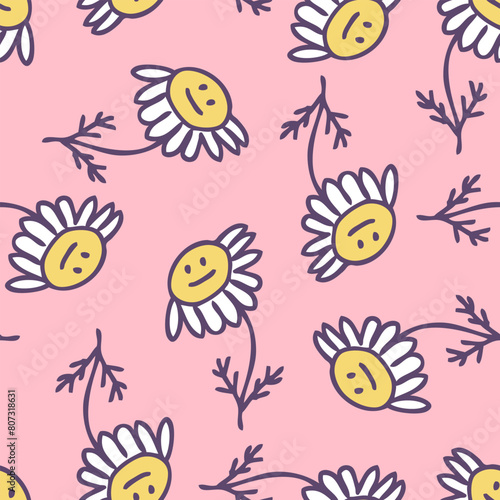 Hand drawn sad chamomile flowers seamless pattern in simple doodle style. Perfect print for tee, paper, textile and fabric. Summer vector illustration for decor and design.