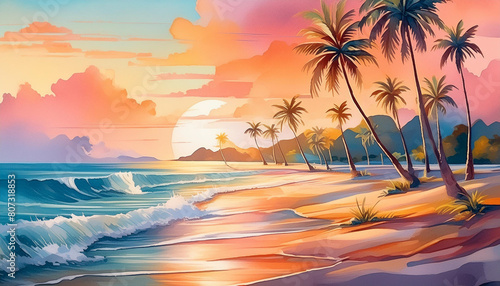 Watercolor art  sunset on the beach.