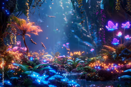 Magical forest comes to life, with glowing plants and whimsical creatures