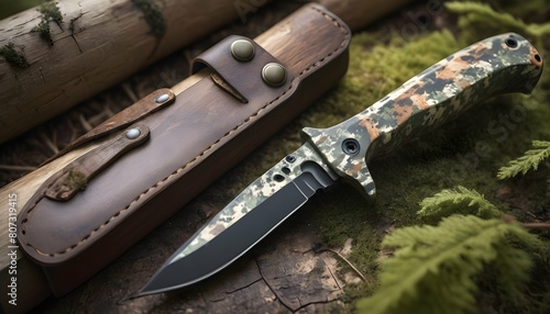 A hunting knife with a camouflaged handle blendin upscaled 2