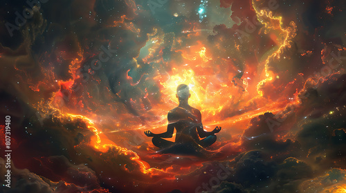 an artistic representation of a person meditating, surrounded by vibrant cosmic imagery