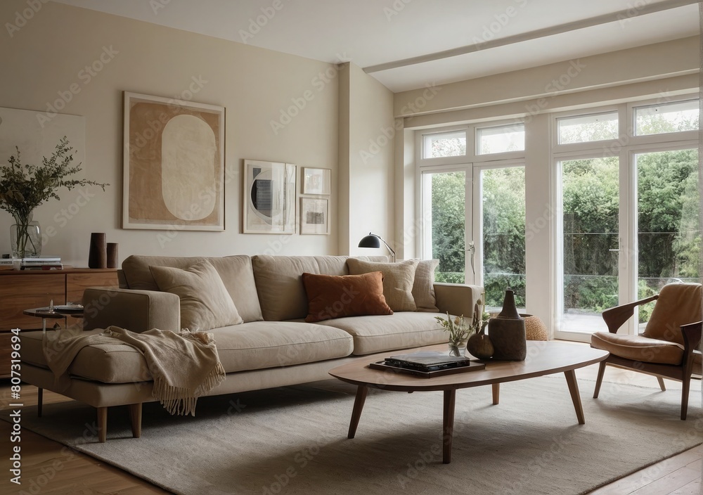 Inviting Living Room Warm Colored Furniture , couch and chair in a living room, bay window, apartment Inviting Living Room Warm Colored Furniture , couch and chair in a living room, bay window, apartment