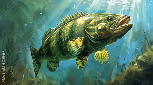 an artistic rendering of a large, green and yellow striped fish swimming underwater