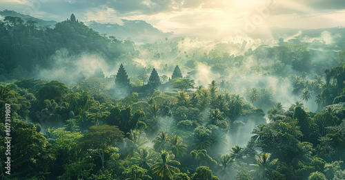 A deep mysterious jungle with temples. Aerial high view. Generative AI. photo