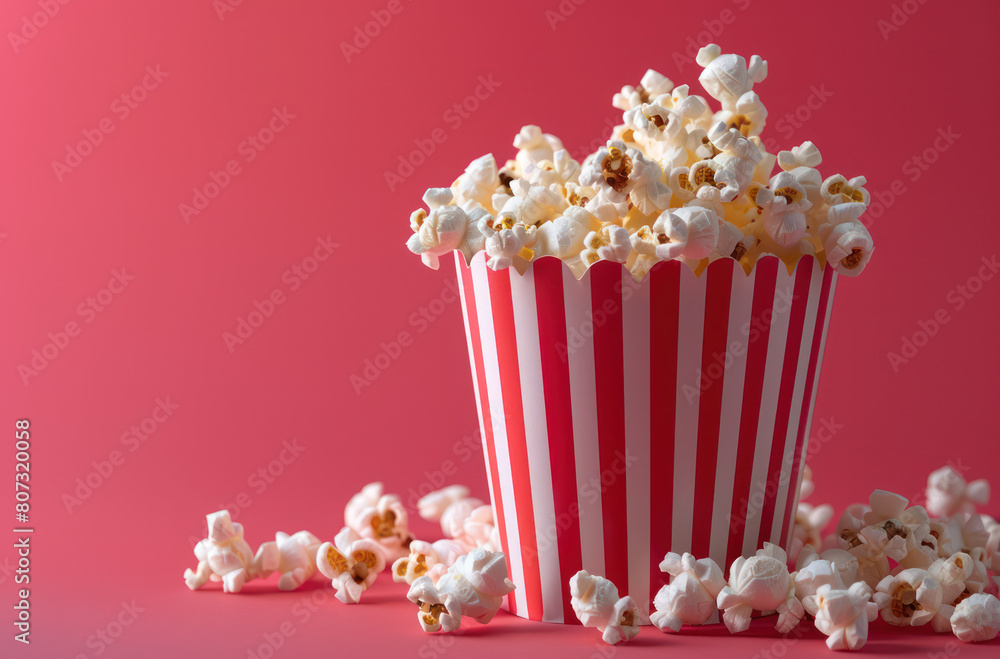A popcorn bucket filled with popcorn against a pink background A popcorn bucket filled with popcorn against a pink background