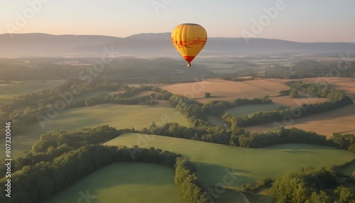 A hot air balloon drifting gracefully over a pictu upscaled 2 photo