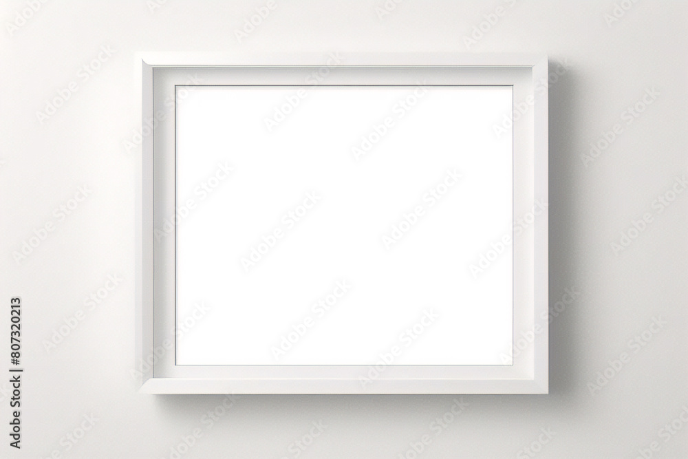 Marco blanco apoyado en el suelo blanco en maqueta interior. Plantilla de una imagen enmarcada en una representación 3D de pared Marco blanco apoyado en el suelo blanco en maqueta interior. Plantilla de una imagen enmarcada en una representación 3D de pared