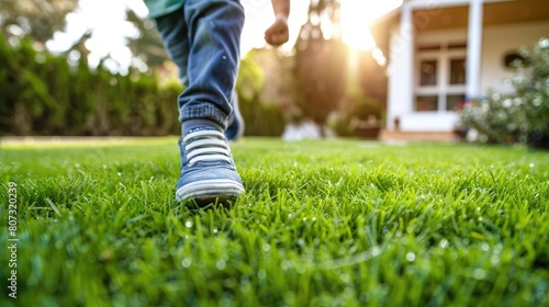 close-up of a child running on the lawn grass