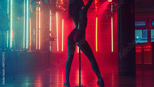 close up of a pole dancer, pole dancer in the studio, pole dancer in the night club photo