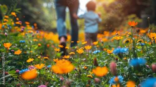 Man and Child Walking Through Field of Flowers