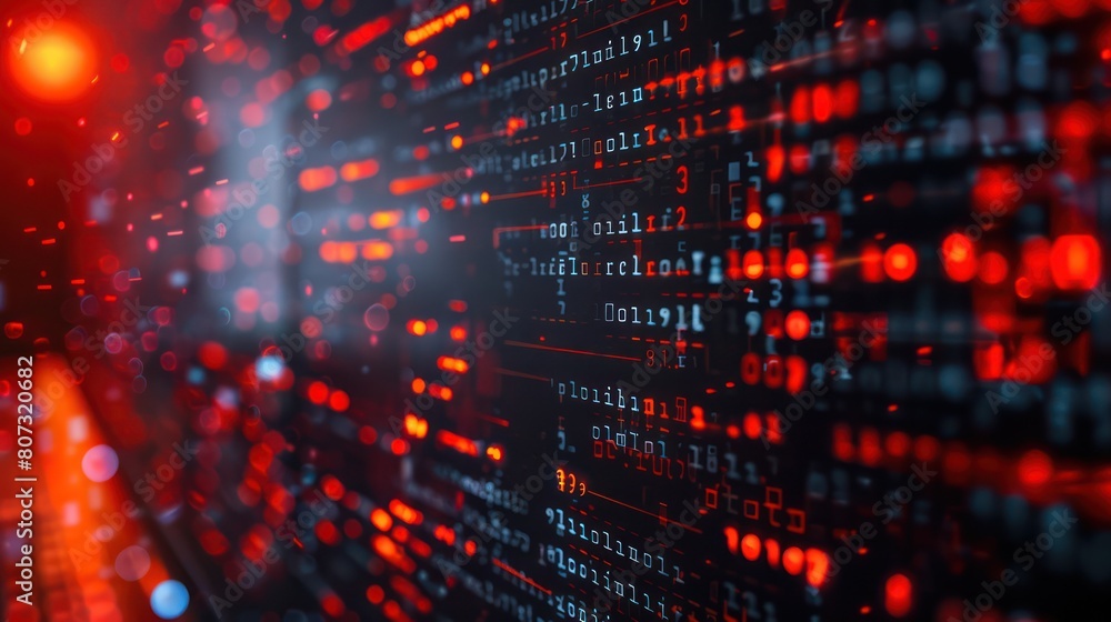 Binary code on a computer screen with red and orange colors. Binary code on a computer screen with red and orange colors.