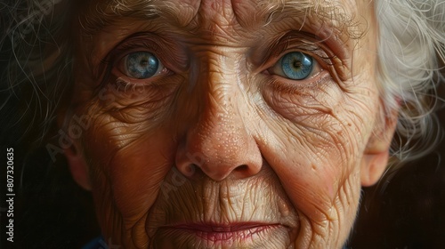 An old woman with blue eyes and wrinkles on her face © BoOm