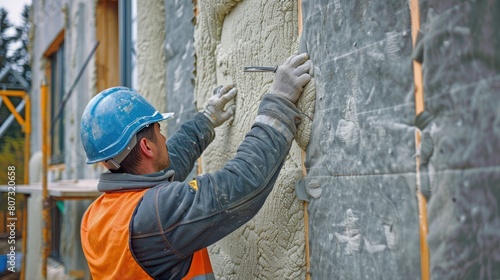 close-up, a man insulates a wall