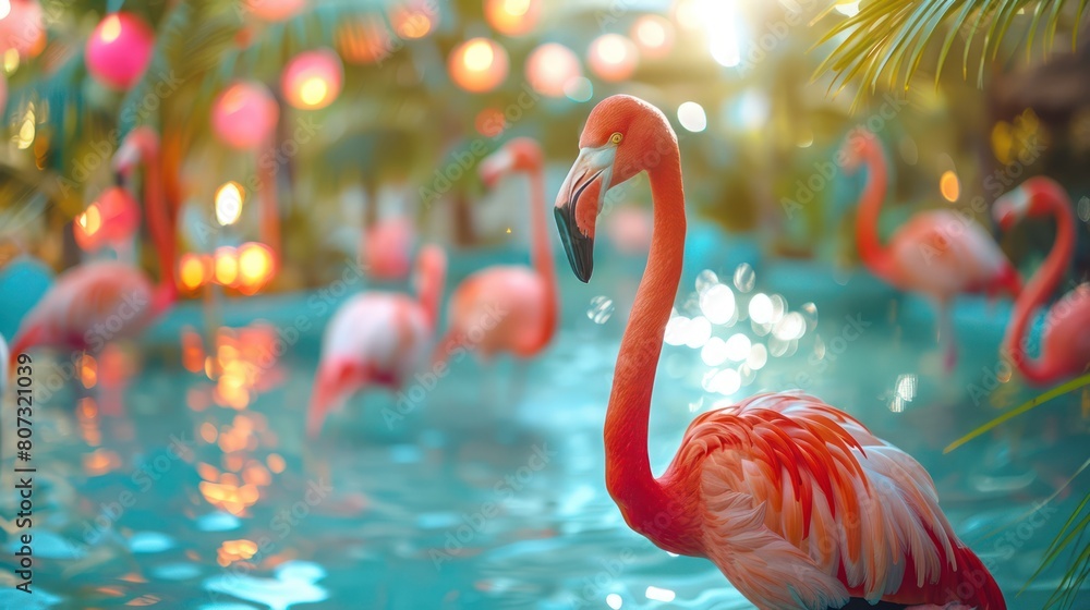 Fototapeta premium Pink flamingos in a blue water pool with a blurred background of palm trees and pink lanterns.