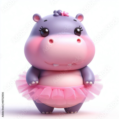 3D funny cartoon of dancing hippo with pink tutu
