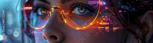 portrait of a beautiful woman wearing glasses with neon lights reflecting on her face photo