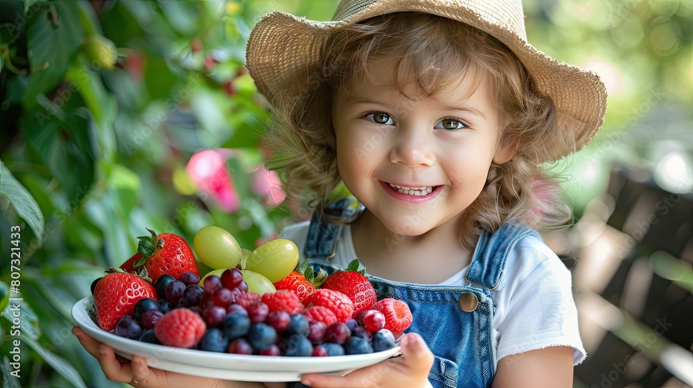 the child is holding a bowl of fresh berries and fruits the child is holding a bowl of fresh berries and fruits