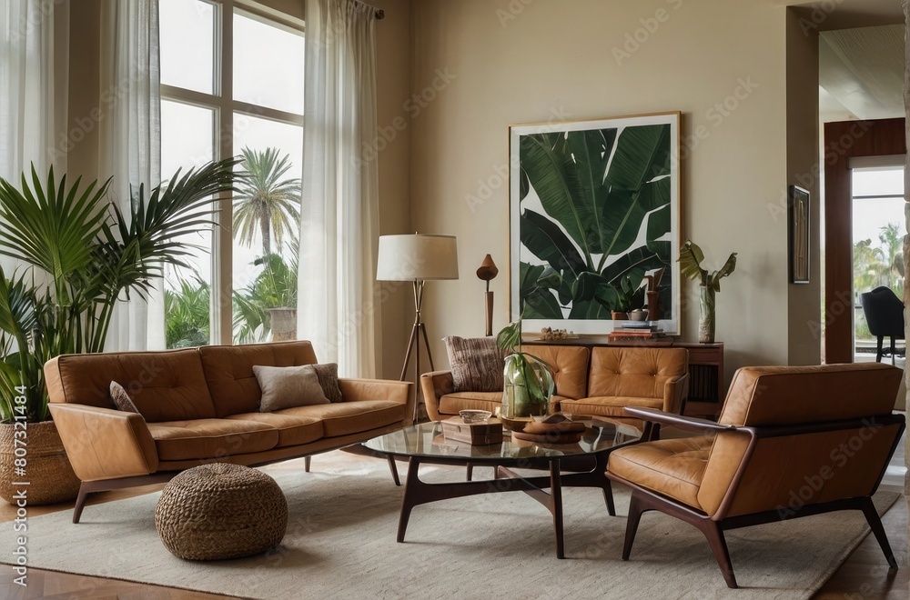 Fototapeta premium Inviting Living Room Warm Colored Furniture , couch and chair in a living room, bay window, apartment
