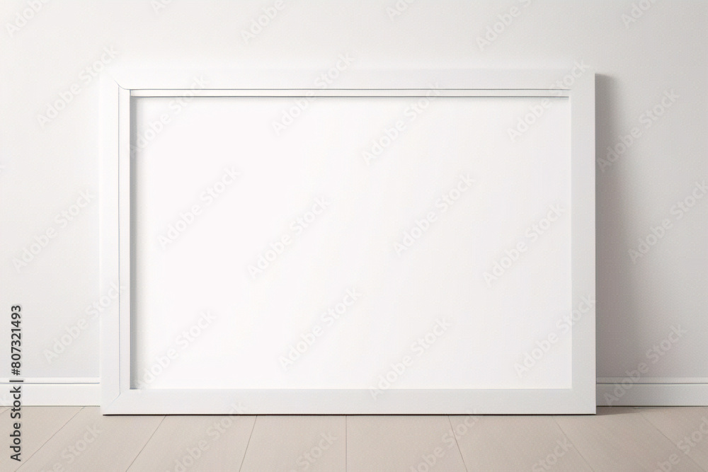 Weißer Rahmen lehnt auf weißem Boden im Innenmodell. Vorlage eines an einer Wand gerahmten Bildes 3D-Rendering Weißer Rahmen lehnt auf weißem Boden im Innenmodell. Vorlage eines an einer Wand gerahmten Bildes 3D-Rendering