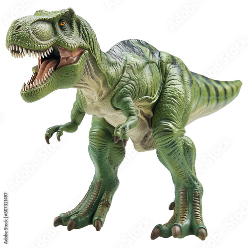 Ferocious Green Plastic Tyrannosaurus Rex Toy with Detailed Scales and Roaring Expression - Isolated - Transparent Background