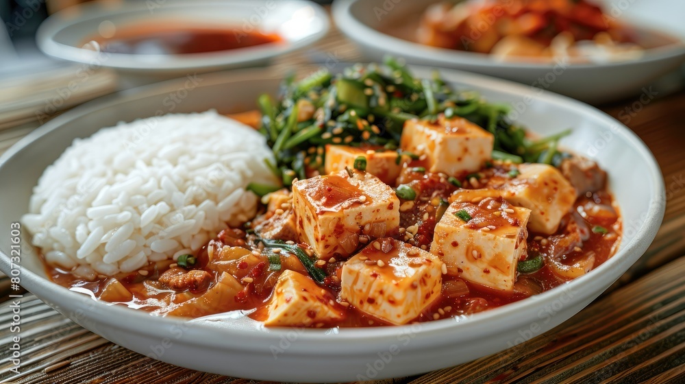 Small portion of dubu kimchi with pork and tofu with rice in a white plate on a wooden table. Generative AI. Small portion of dubu kimchi with pork and tofu with rice in a white plate on a wooden table. Generative AI.