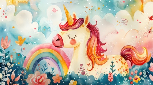 A beautiful watercolor painting of a unicorn lying in a field of flowers. The unicorn is white with a pink mane and tail  and a golden horn. It is surrounded by colorful flowers and a rainbow. The bac