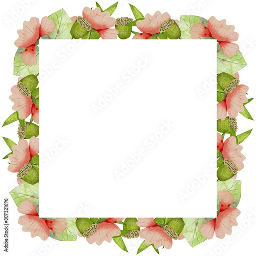 Cute frame with delicate  red flowers and green leaves. Hand drawn watercolor elements. Design for invitations and greeting cards, banners, icons, posters. Also suitable for wedding decor.