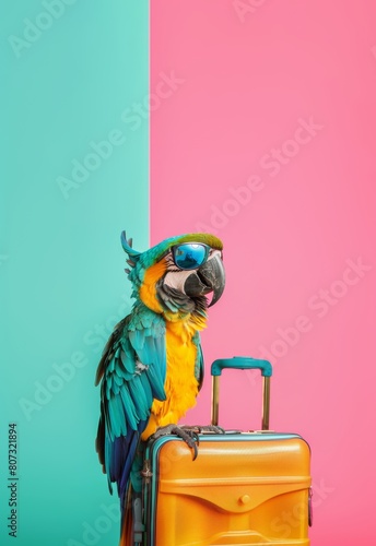 A colorful parrot ready for summer vacations wearing a straw hat and perched on a suitcase symbolizes fun, travel, and the enjoyment of a tropical getaway