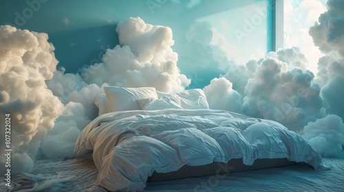 Serene bedroom oasis with a cozy bed embraced by fluffy clouds, creating an idyllic setting for a perfect, relaxing bedtime