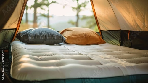Inside a tent, a portrait view of an inflatable camping mattress paired with a pillow, showcasing a comfortable sleeping arrangement