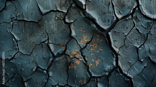 Intense close-up in high resolution revealing the depth and texture of cracked paint, with lighting that enhances the visual impact