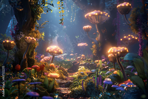 Magical forest comes to life, with glowing plants and whimsical creatures