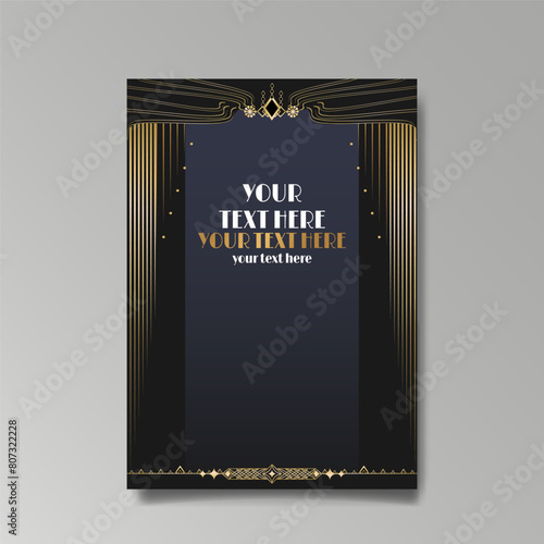 Modern Art Nuevo luxury template golden-black, A4 page, menu, card, invitation, lines flowers and city lights