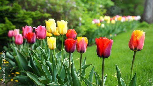 A row of vibrant tulips blooming in a garden.