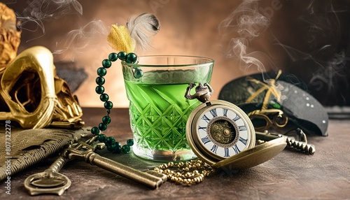 Surreal Absinthe Artistic Composition featuring The Drink, Vintage Timepice  Items And Retro Keys photo