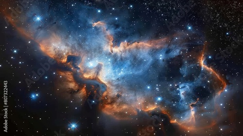a nebula of blue and orange light with stars in the background, nebulous clouds, cosmic dust