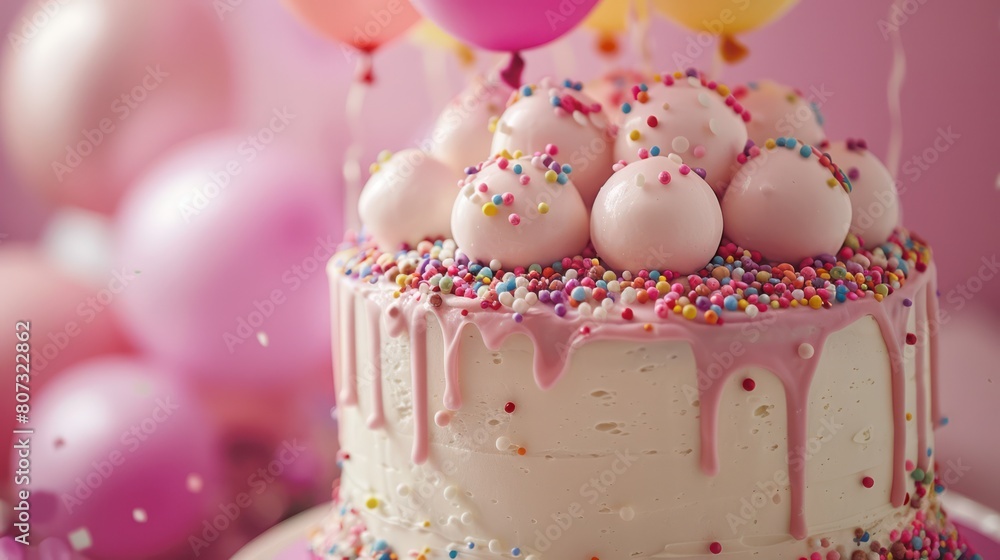 A pink frosted cake with rainbow sprinkles and pink balloons. A pink frosted cake with rainbow sprinkles and pink balloons.