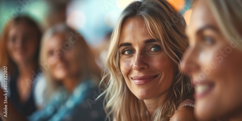 A photo of a beautiful blonde woman smiling at the camera with her friends in the background. photo