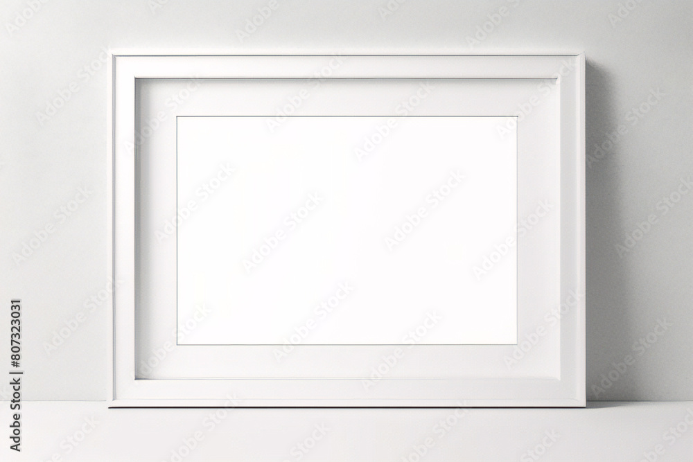 Weißer Rahmen lehnt auf weißem Boden im Innenmodell. Vorlage eines an einer Wand gerahmten Bildes 3D-Rendering Weißer Rahmen lehnt auf weißem Boden im Innenmodell. Vorlage eines an einer Wand gerahmten Bildes 3D-Rendering