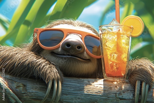 A sloth smiling and holding up an iced tea, tropical background
