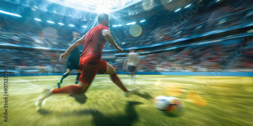 Soccer player action in a stadium, fast motion blur, World Cup, Champions League, European Championship
