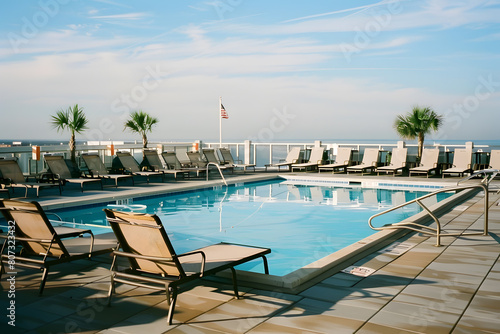 Swimming pool and sun loungers at stylish tropical spa hotel, summertime banner mockup. Summer travel sales and vacation concept.